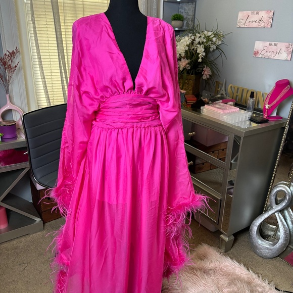 Pink Feather Trim Maxi Dress - NWT - Picture 2 of 9